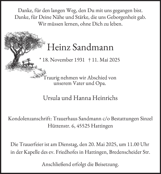 Traueranzeige von Heinz Sandmann von Tageszeitung