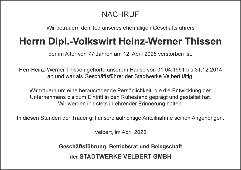  Traueranzeige für Heinz-Werner Thissen vom 03.05.2025 aus Tageszeitung