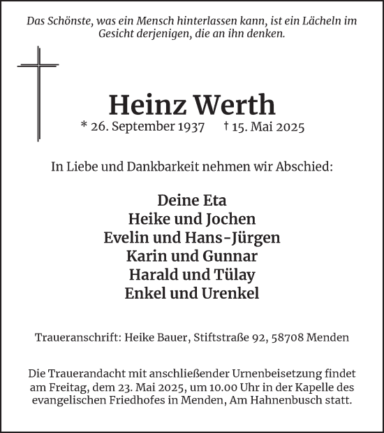 Traueranzeige von Heinz Werth von Tageszeitung