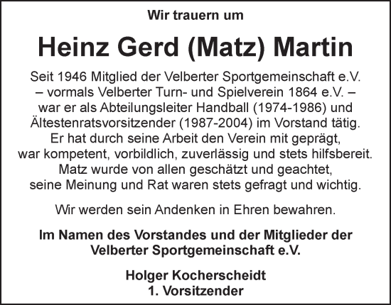 Traueranzeige von Heinz Gerd Martin von Tageszeitung