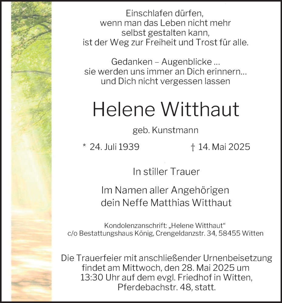  Traueranzeige für Helene Witthaut vom 24.05.2025 aus Tageszeitung