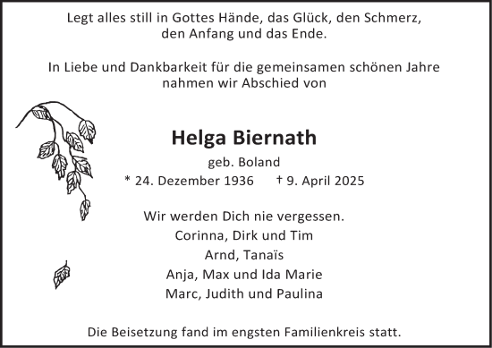 Traueranzeige von Helga Biernath von Tageszeitung