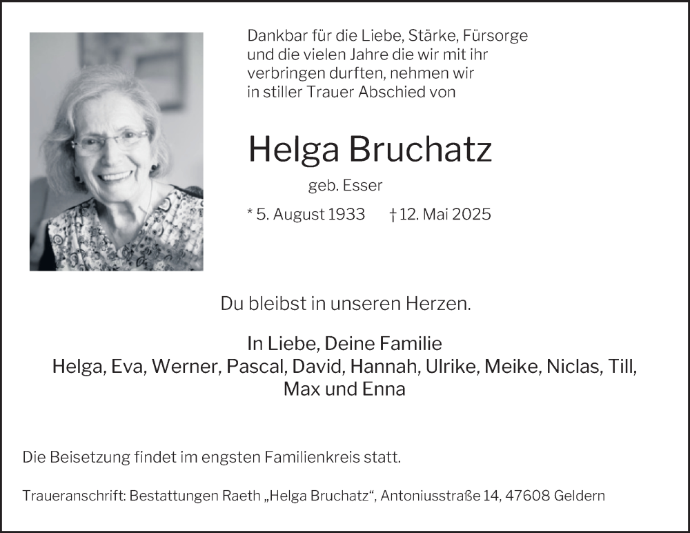  Traueranzeige für Helga Bruchatz vom 31.05.2025 aus Tageszeitung