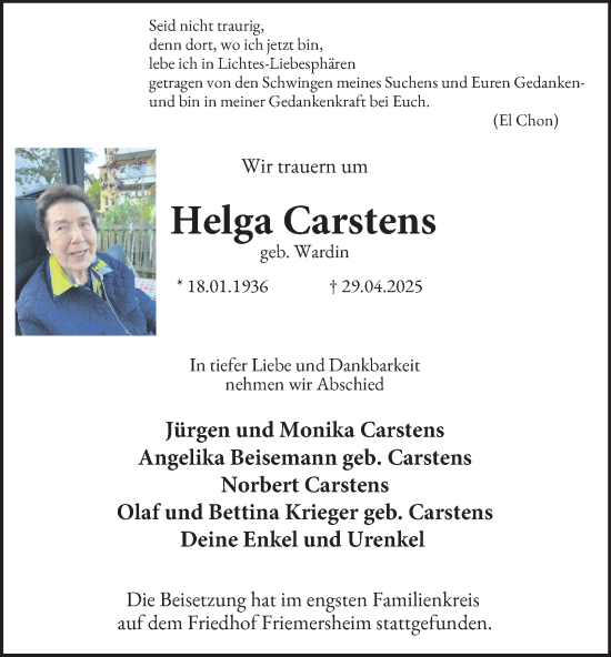 Traueranzeige von Helga Carstens von Tageszeitung