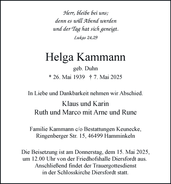 Traueranzeige von Helga Kammann von Tageszeitung