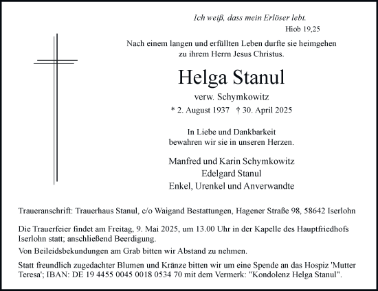 Traueranzeige von Helga Stanul von Tageszeitung
