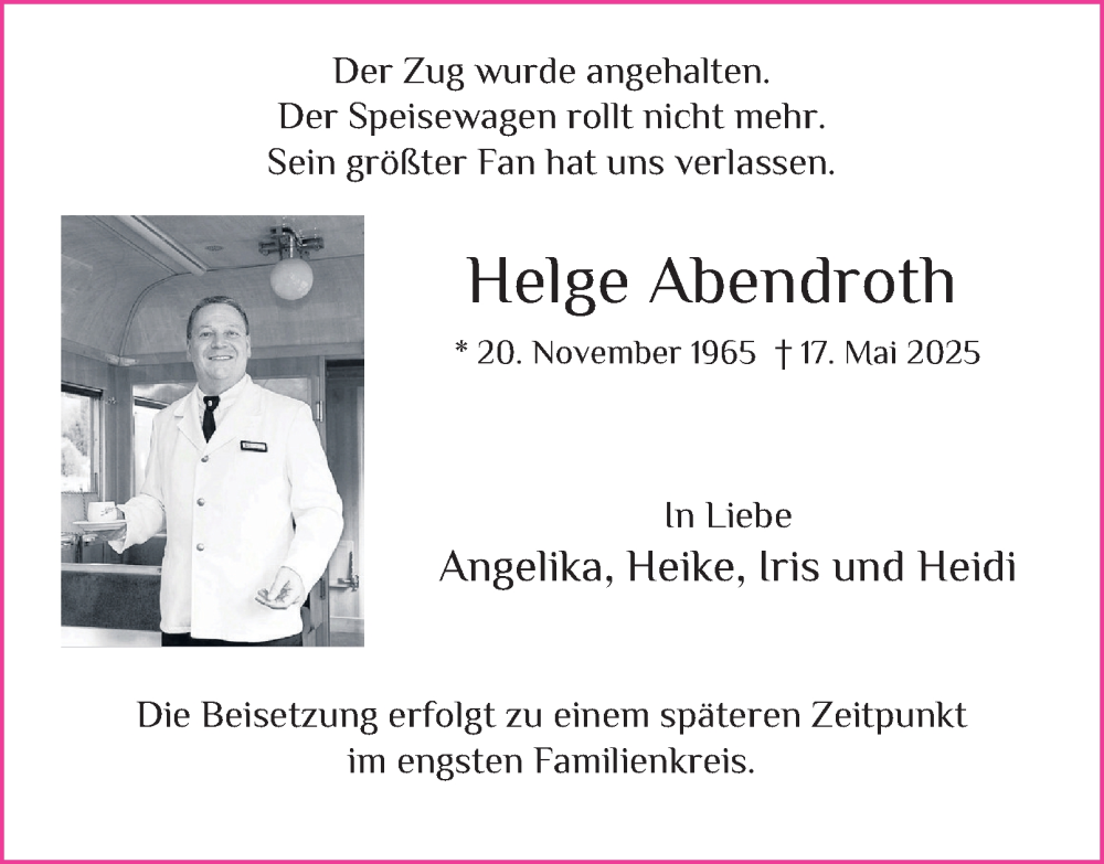  Traueranzeige für Helge Abendroth vom 31.05.2025 aus Tageszeitung