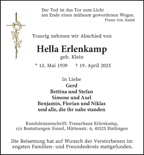 Traueranzeige von Hella Erlenkamp von Tageszeitung