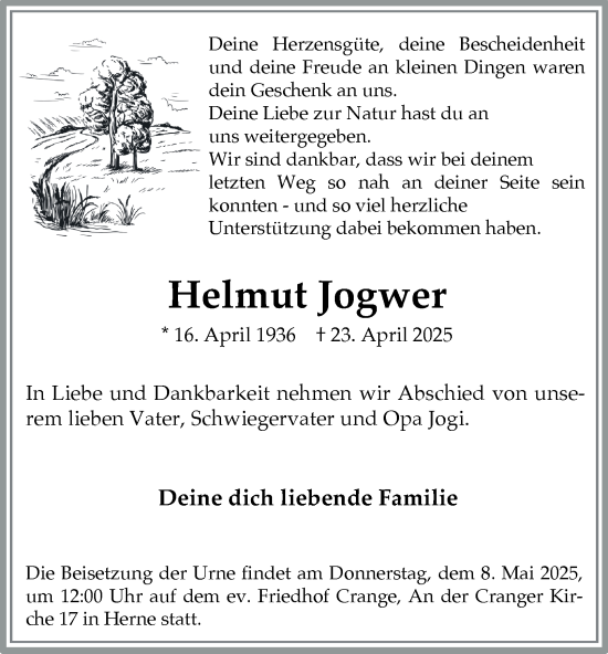 Traueranzeige von Helmut Jogwer von Tageszeitung