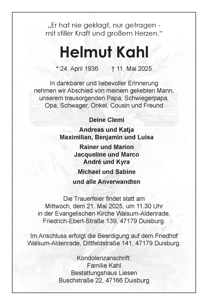  Traueranzeige für Helmut Kahl vom 17.05.2025 aus Tageszeitung