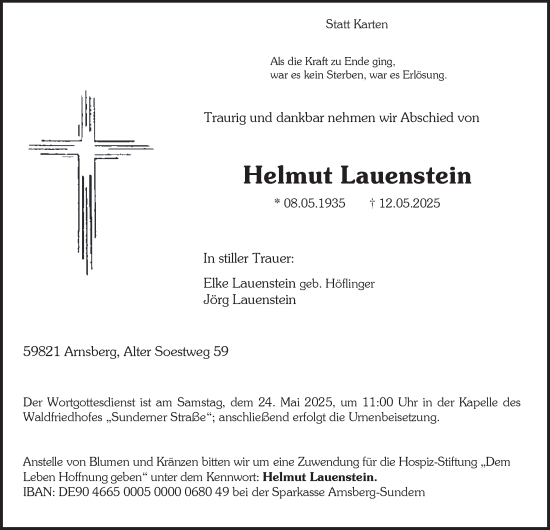 Traueranzeige von Helmut Lauenstein von Tageszeitung