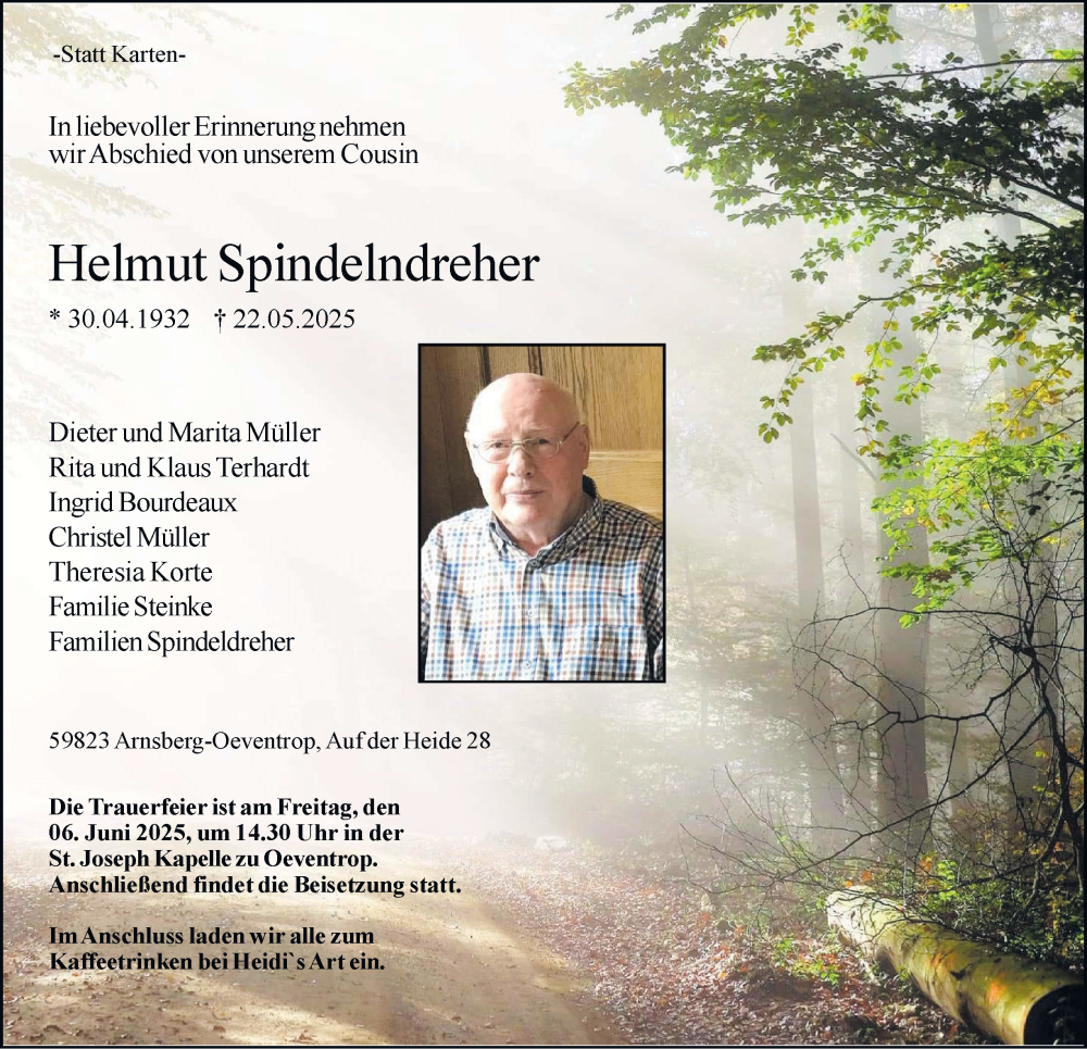  Traueranzeige für Helmut Spindelndreher vom 31.05.2025 aus Tageszeitung