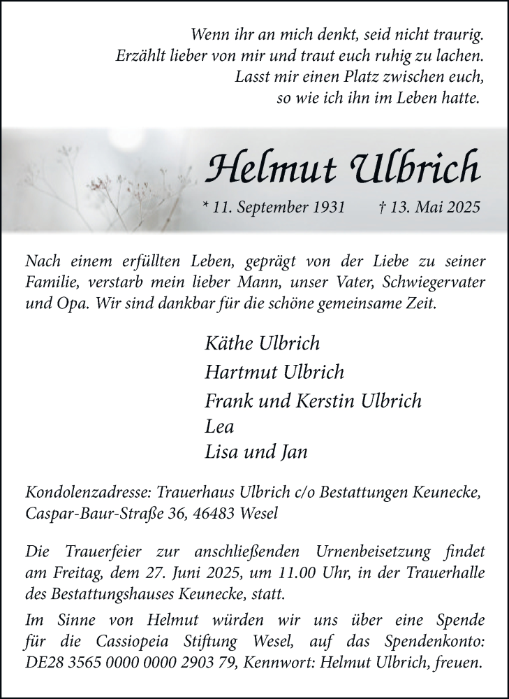  Traueranzeige für Helmut Ulbrich vom 24.05.2025 aus Tageszeitung