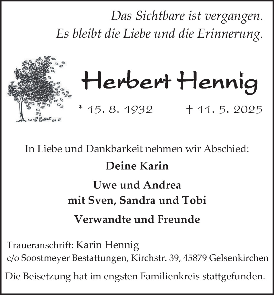  Traueranzeige für Herbert Hennig vom 19.05.2025 aus Tageszeitung