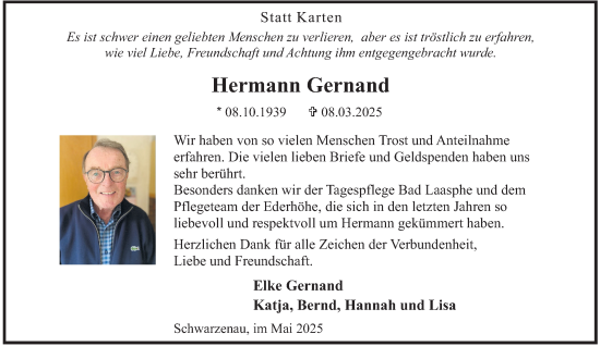 Traueranzeige von Hermann Gernand von Tageszeitung