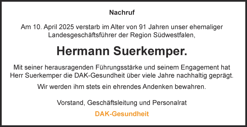  Traueranzeige für Hermann Suerkemper vom 03.05.2025 aus Tageszeitung
