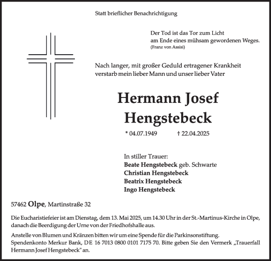 Traueranzeige von Hermann Josef Hengstebeck von Tageszeitung