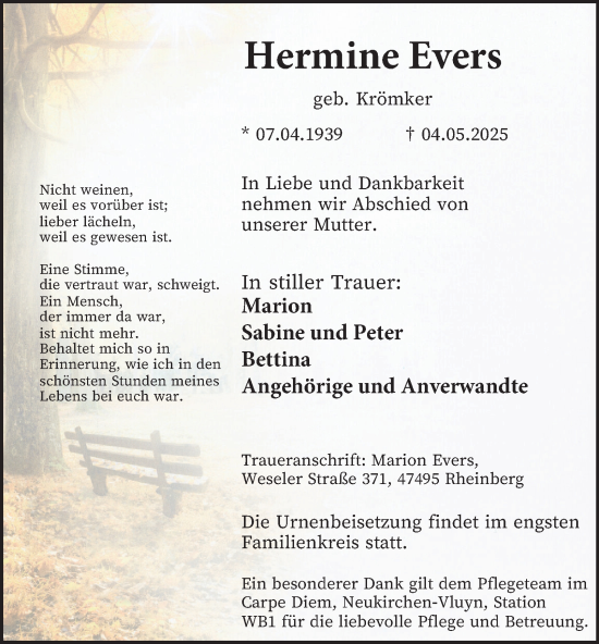 Traueranzeige von Hermine Evers von Tageszeitung