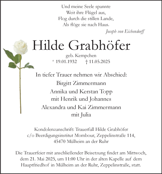 Traueranzeige von Hilde Grabhöfer von Tageszeitung