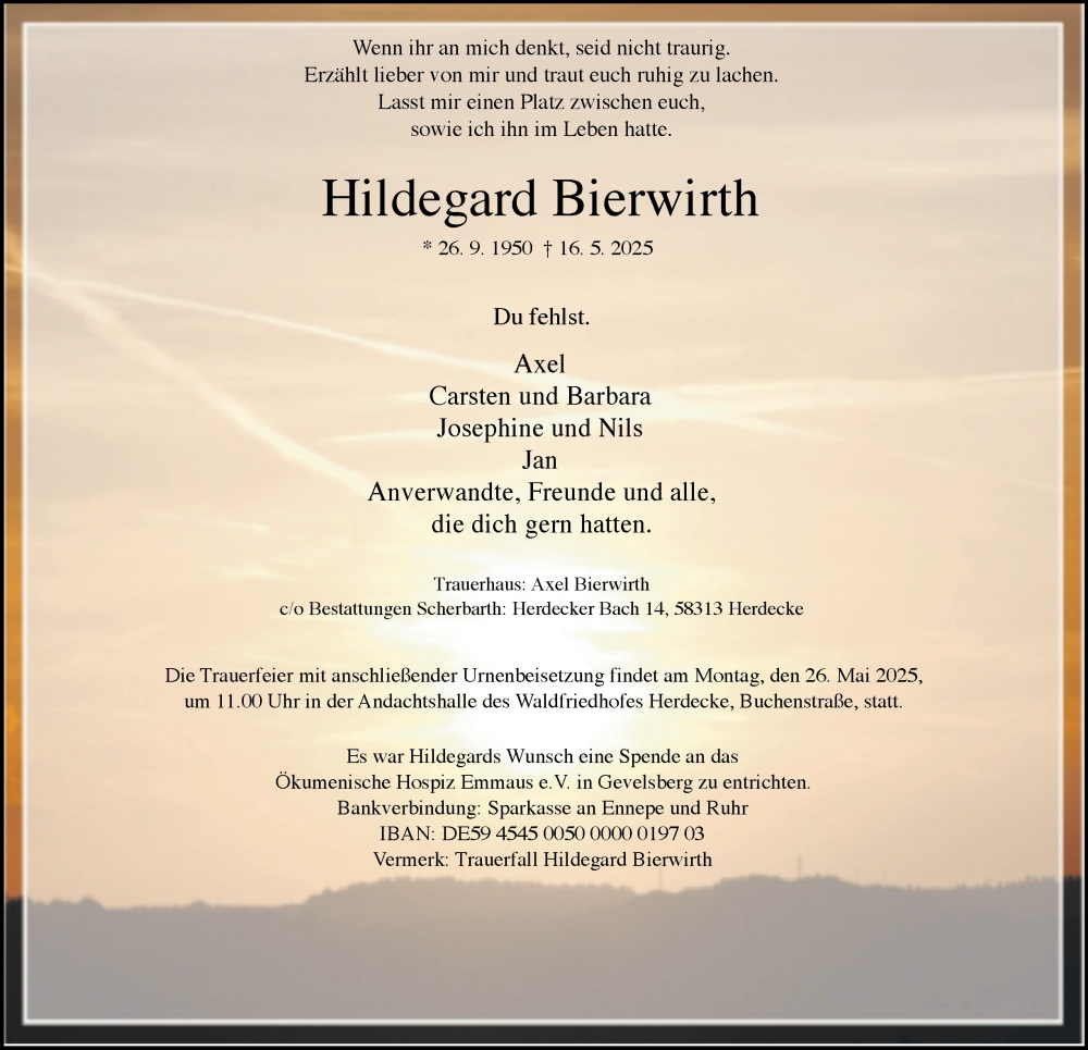  Traueranzeige für Hildegard Bierwirth vom 24.05.2025 aus Tageszeitung