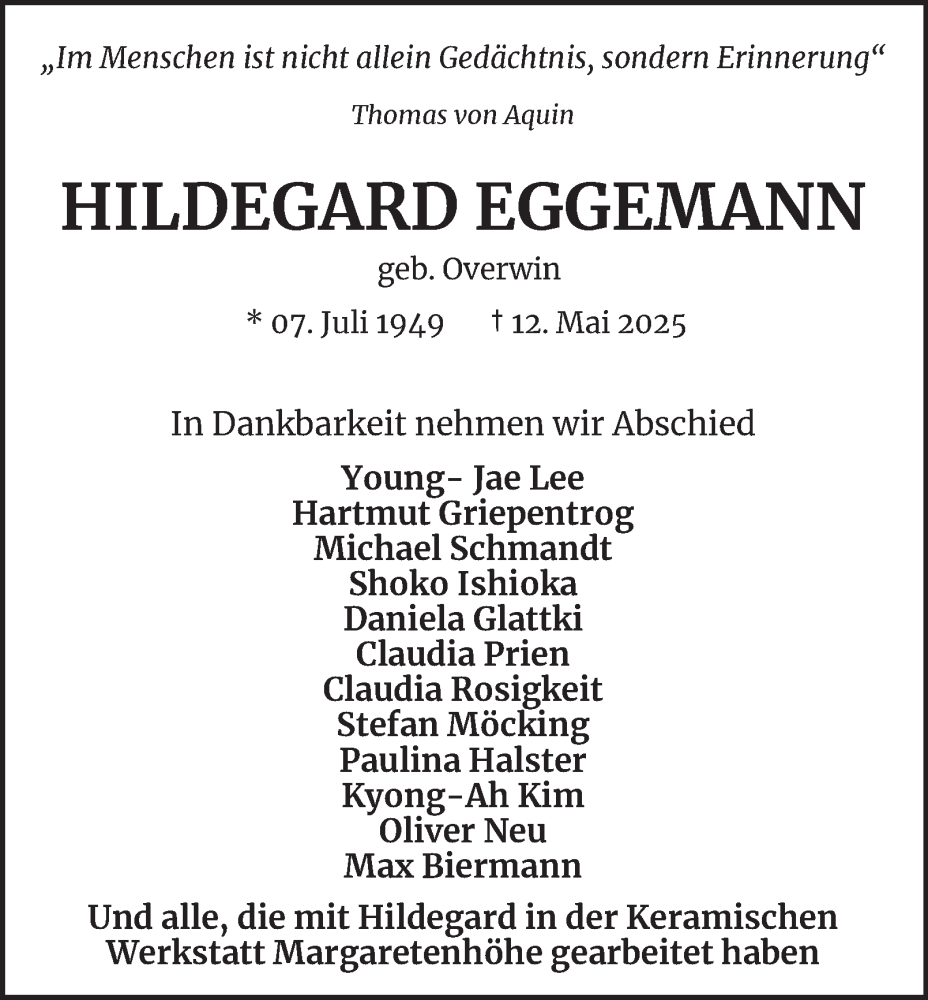  Traueranzeige für Hildegard Eggemann vom 24.05.2025 aus Tageszeitung