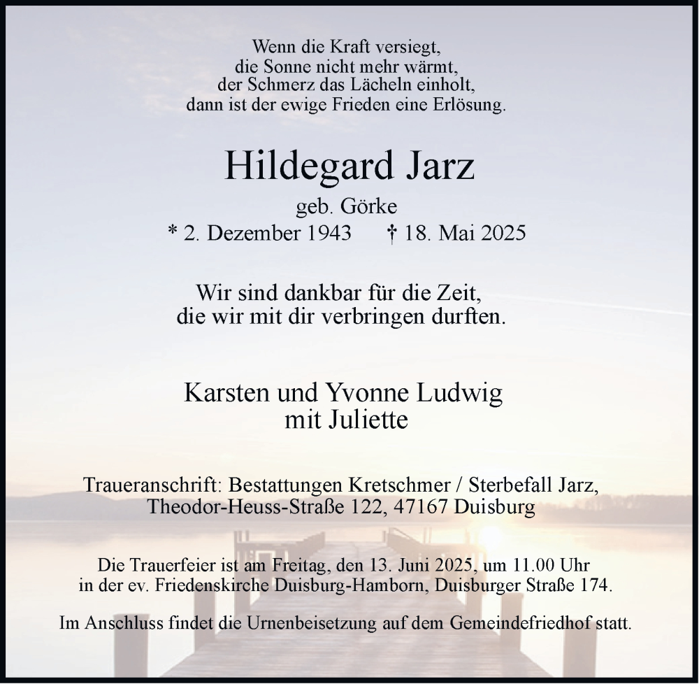  Traueranzeige für Hildegard Jarz vom 31.05.2025 aus Tageszeitung