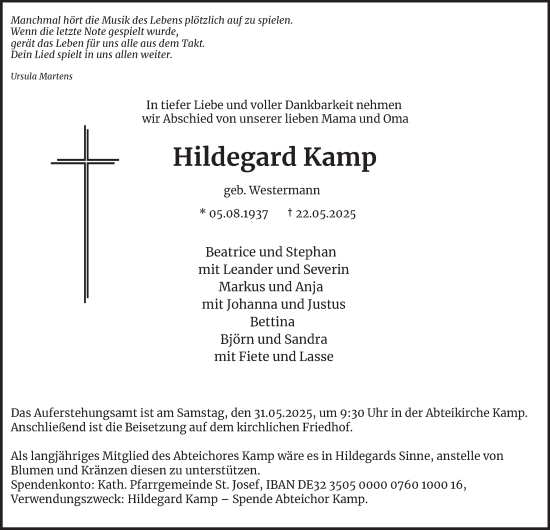 Traueranzeige von Hildegard Kamp von Tageszeitung