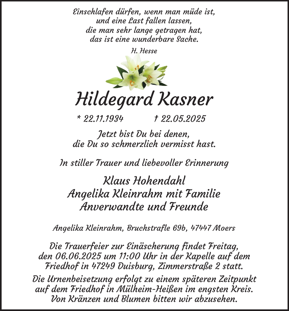  Traueranzeige für Hildegard Kasner vom 31.05.2025 aus Tageszeitung