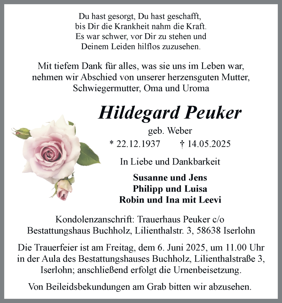  Traueranzeige für Hildegard Peuker vom 24.05.2025 aus Tageszeitung