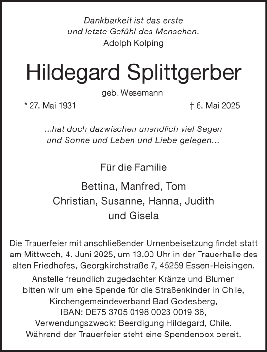 Traueranzeige von Hildegard Splittgerber von Tageszeitung