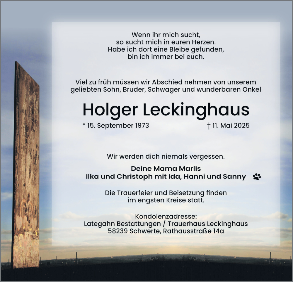  Traueranzeige für Holger Leckinghaus vom 17.05.2025 aus Tageszeitung