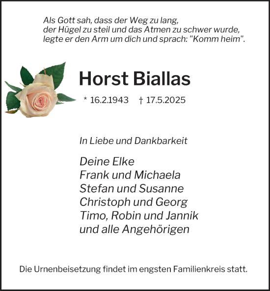 Traueranzeige von Horst Biallas von Tageszeitung