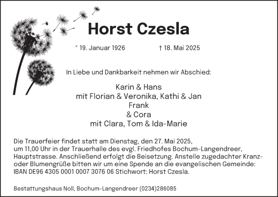 Traueranzeige von Horst Czesla von Tageszeitung