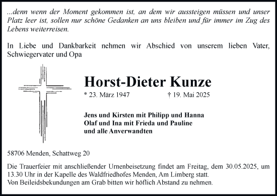 Traueranzeige von Horst-Dieter Kunze von Tageszeitung