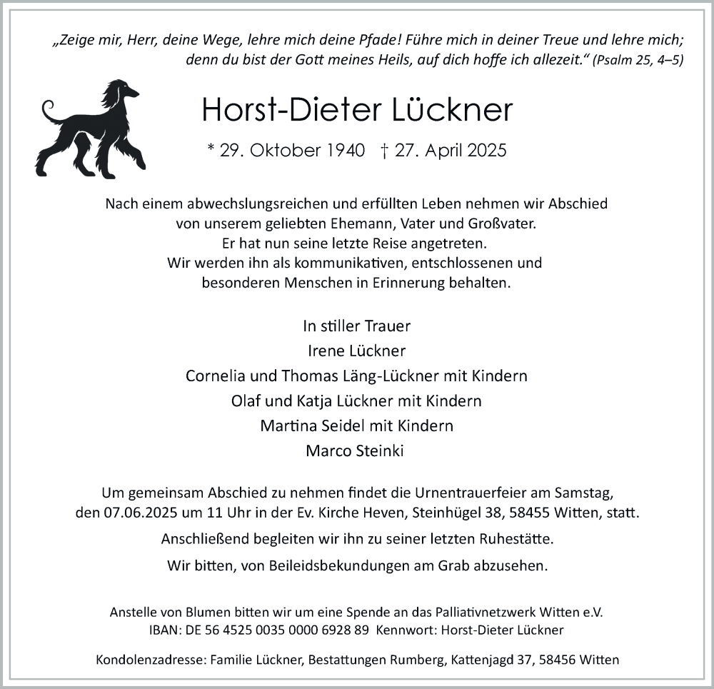  Traueranzeige für Horst-Dieter Lückner vom 31.05.2025 aus Tageszeitung