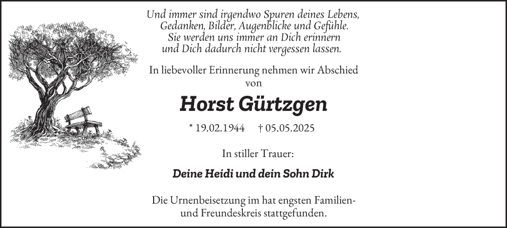  Traueranzeige für Horst Gürtzgen vom 31.05.2025 aus Tageszeitung