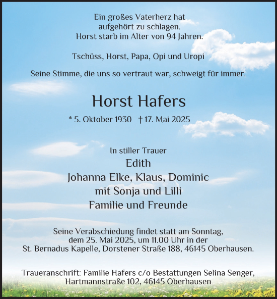 Traueranzeige von Horst Hafers von Tageszeitung