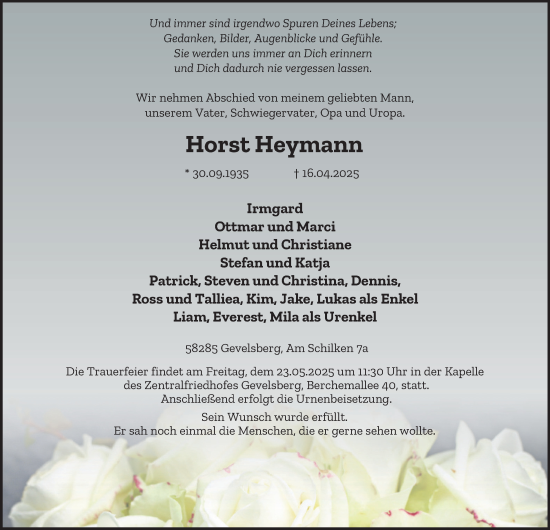 Traueranzeige von Horst Heymann von Tageszeitung