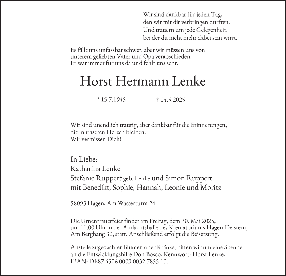  Traueranzeige für Horst Hermann Lenke vom 24.05.2025 aus Tageszeitung
