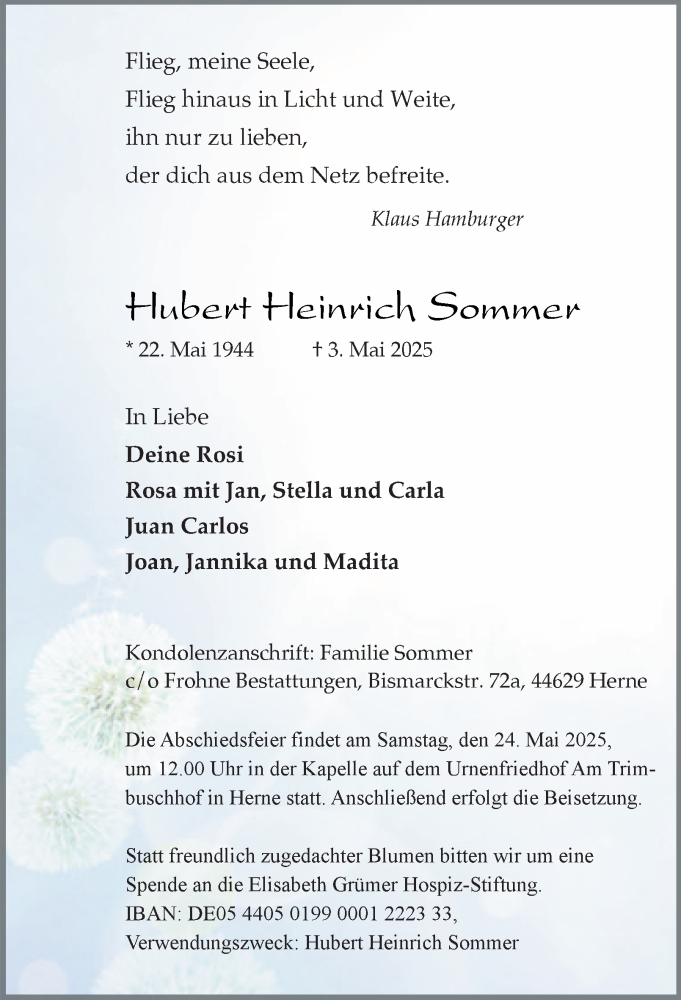  Traueranzeige für Hubert Heinrich Sommer vom 10.05.2025 aus Tageszeitung