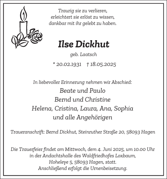 Traueranzeige von Ilse Dickhut von Tageszeitung