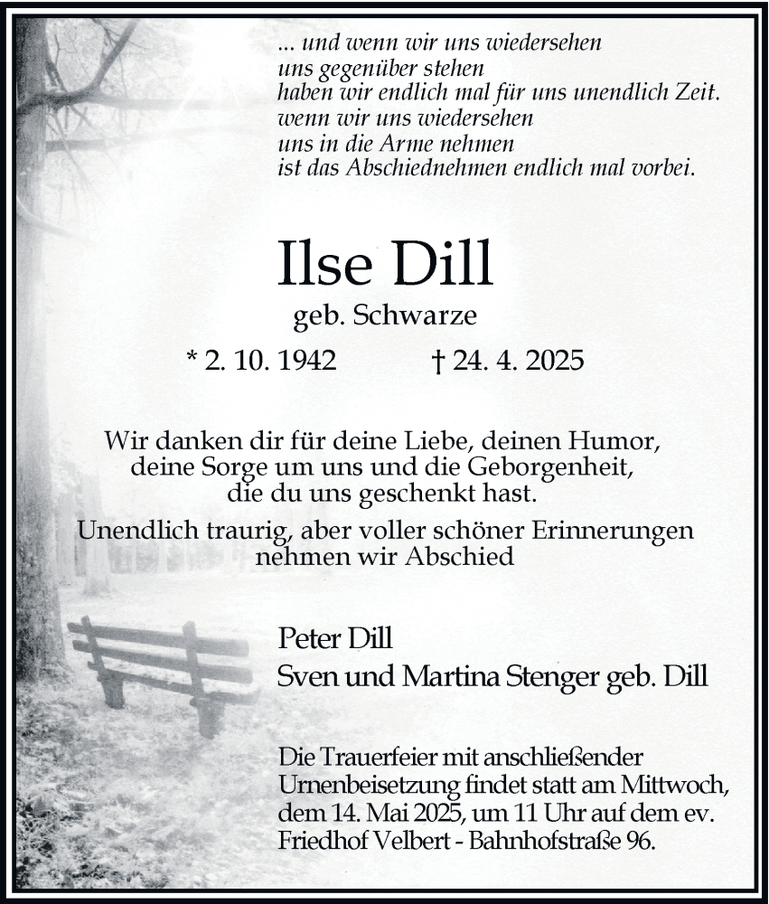  Traueranzeige für Ilse Dill vom 10.05.2025 aus Tageszeitung