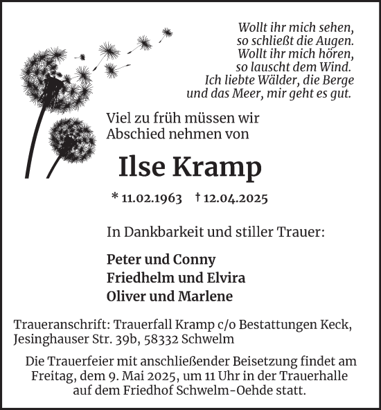 Traueranzeige von Ilse Kramp von Tageszeitung