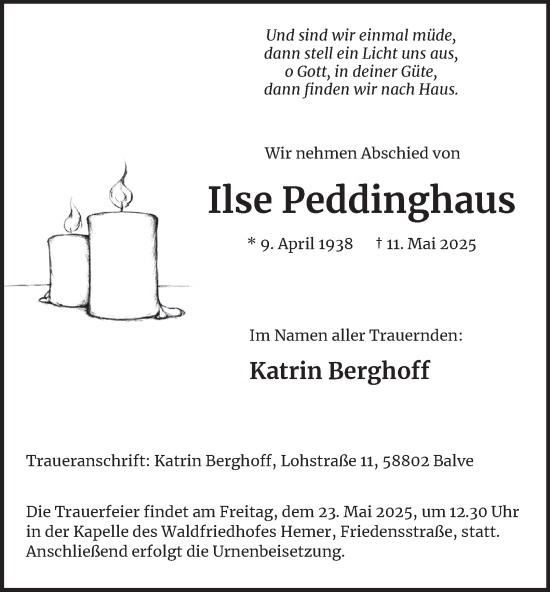 Traueranzeige von Ilse Peddinghaus von Tageszeitung