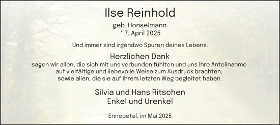 Traueranzeige von Ilse Reinhold von Tageszeitung