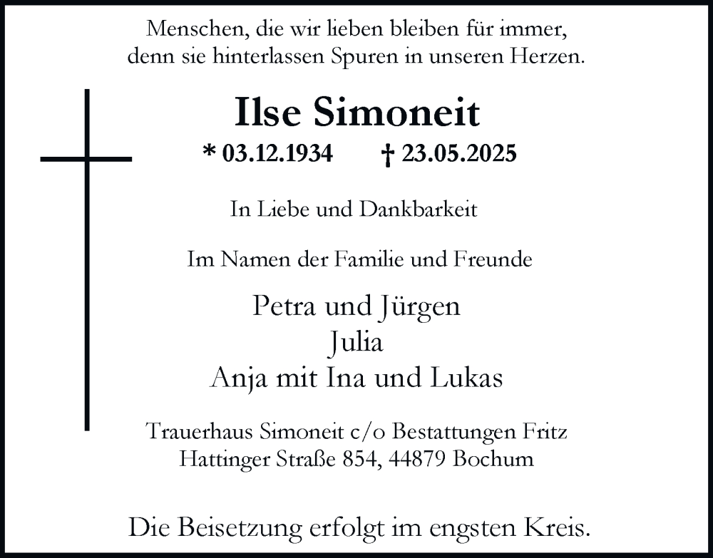  Traueranzeige für Ilse Simoneit vom 31.05.2025 aus Tageszeitung