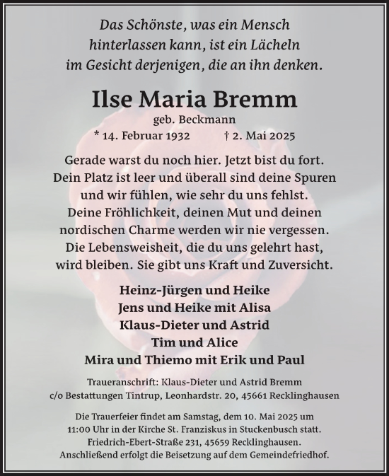 Traueranzeige von Ilse Maria Bremm von Tageszeitung