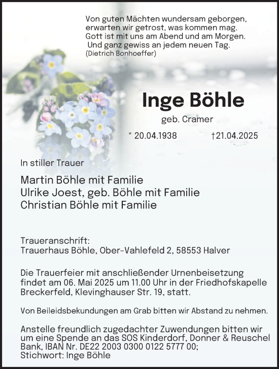 Traueranzeige von Inge Böhle von Tageszeitung