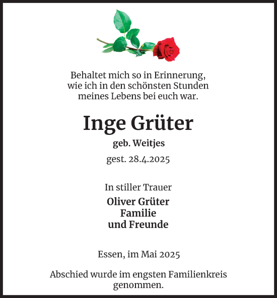Traueranzeige von Inge Grüter von Tageszeitung