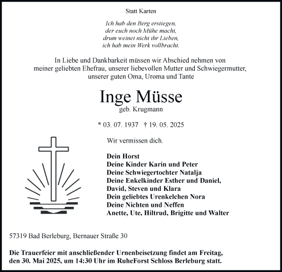 Traueranzeige von Inge Müsse von Tageszeitung